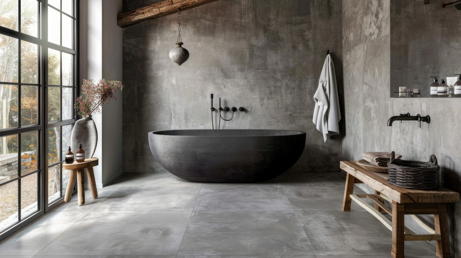 Luxe badkamer met cementwanden en PVC-vloer