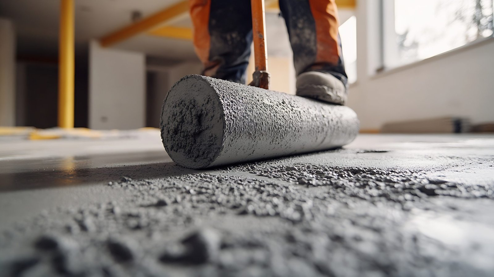 Master with needle roller for new screed concrete with mixture of cement for leveling for floors Concept building renovation home : Generative AI